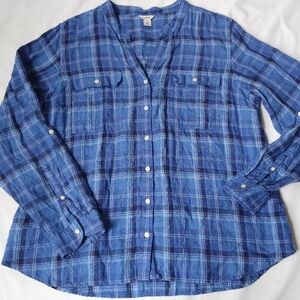 LL Bean Womens XL Top Button Down 100% Linen Blue Plaid‎ Coastal Preppy